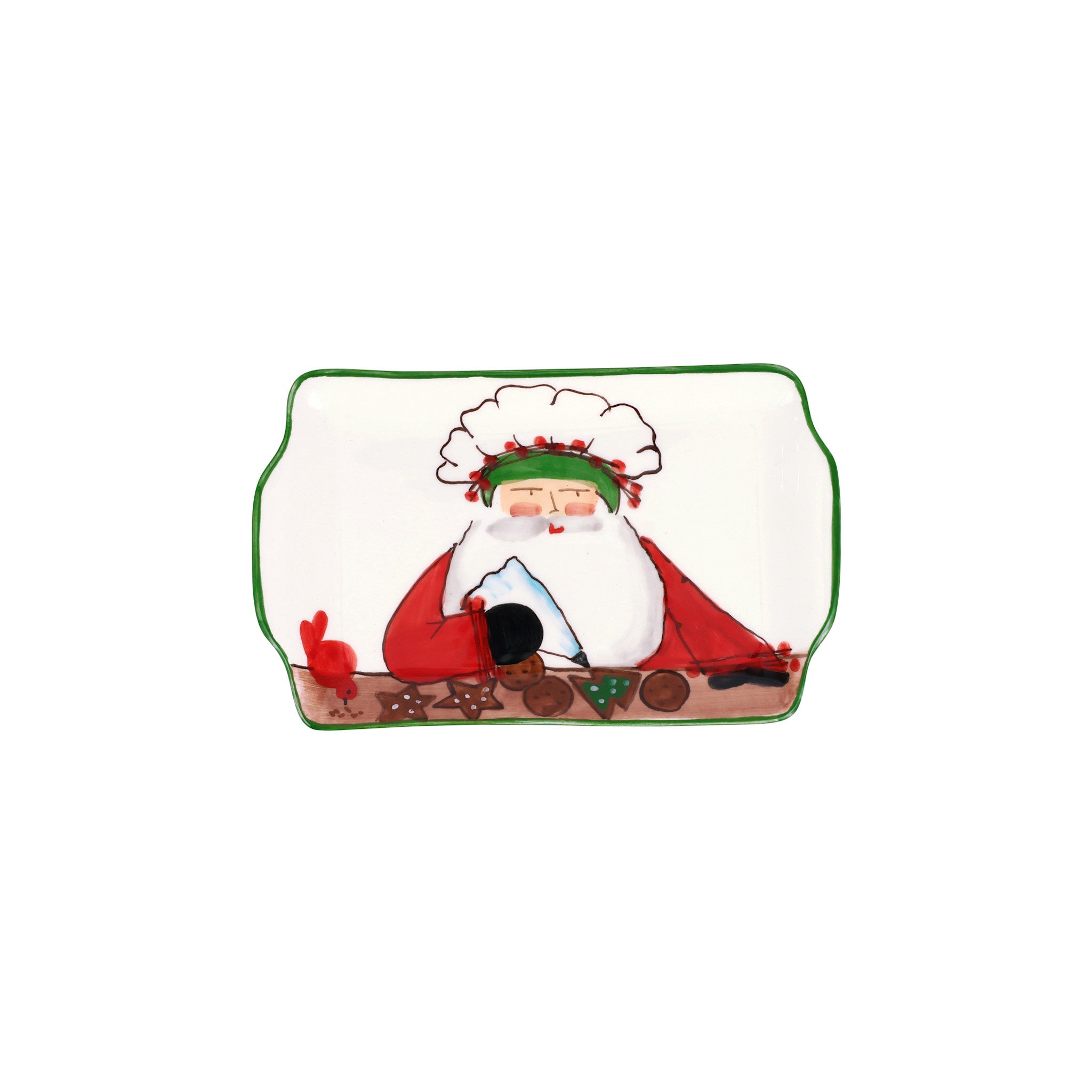 Rectangular ceramic platter featuring Old St. Nick pouring sugar with a red bird friend against an Italian-inspired background.