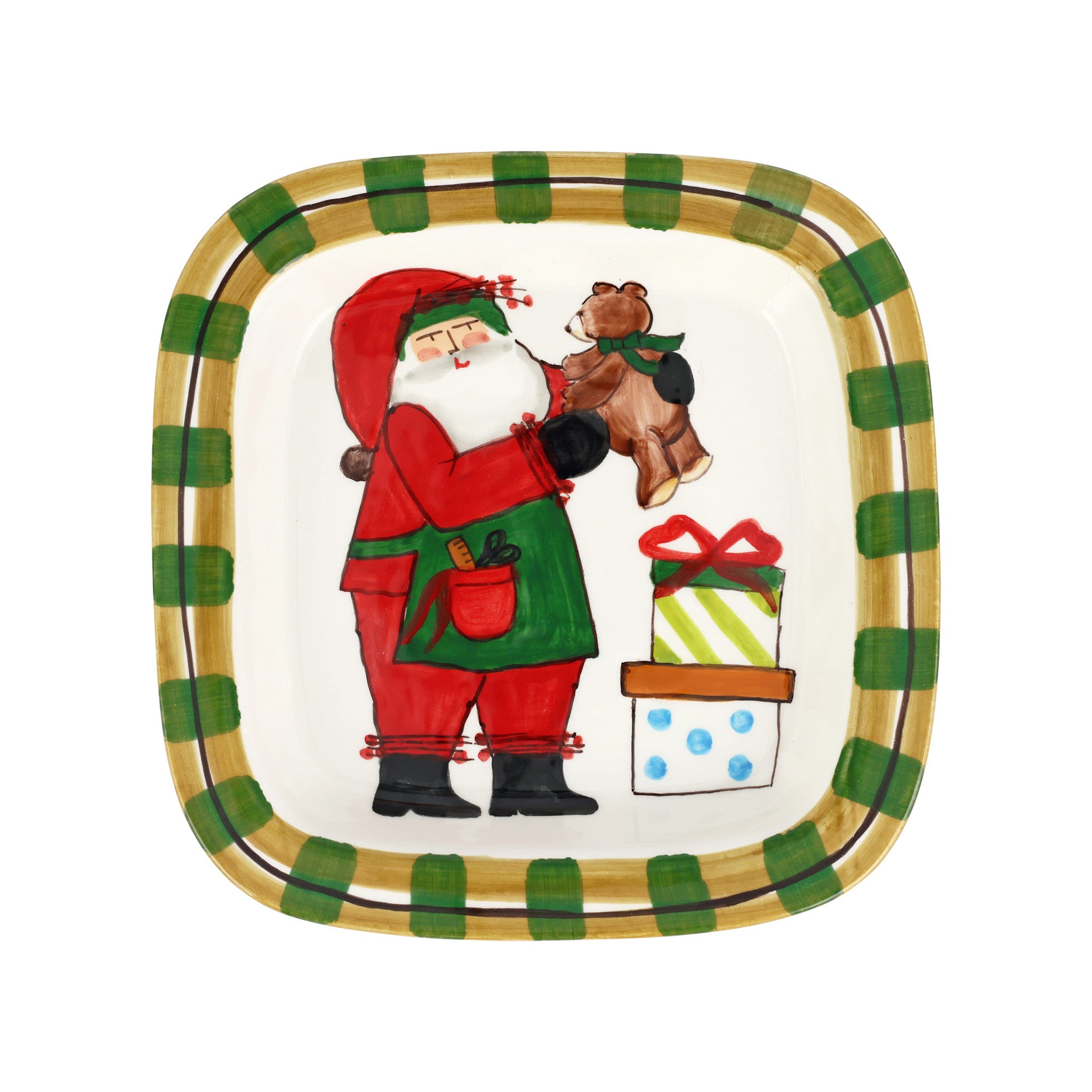 Square ceramic platter with rim featuring Babbo Natale gathering gifts around a teddy bear in whimsical holiday design.