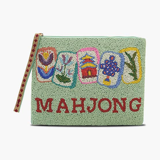 Mint green hand-beaded clutch with five Mahjong tile illustrations and red MAHJONG text.