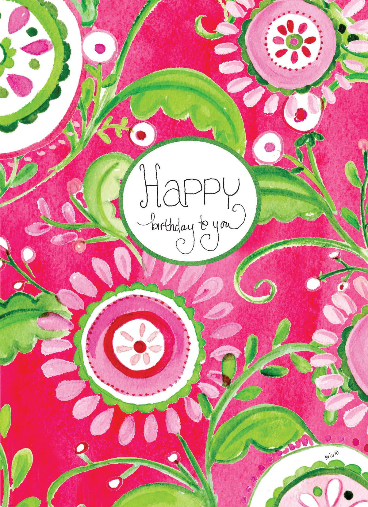 Happy birthday card with pink floral watercolor pattern and green accents.