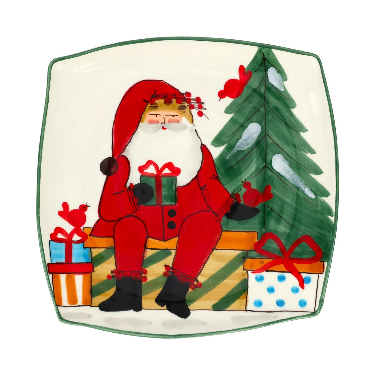 Hand-painted square platter featuring Old St. Nick sitting by a Christmas tree with gifts and birds.