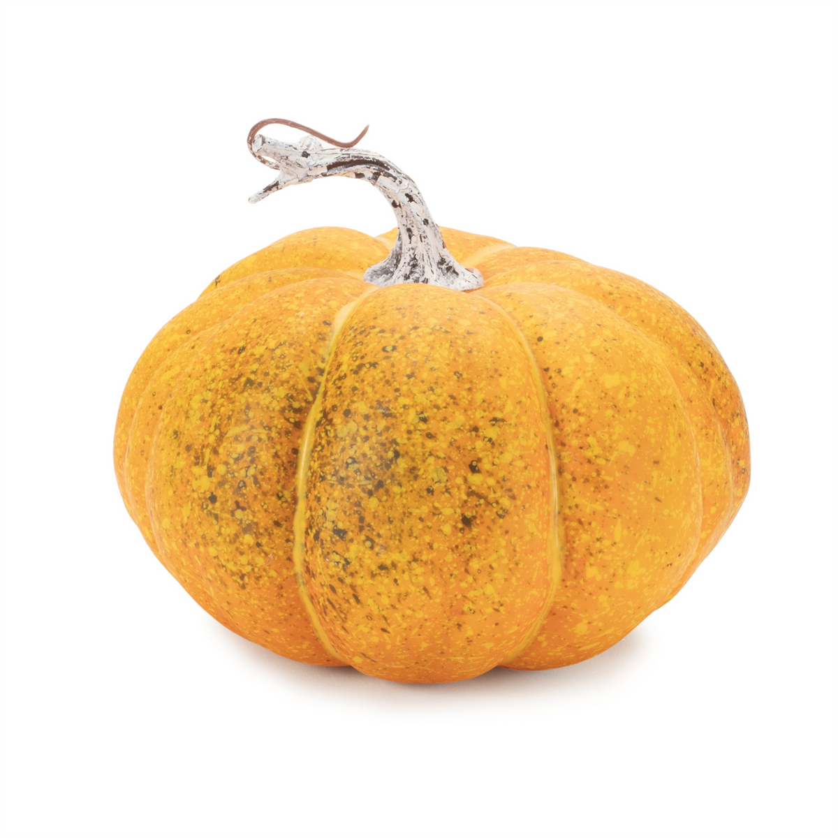 Speckled orange decorative styrofoam pumpkin with a curved white and brown stem.