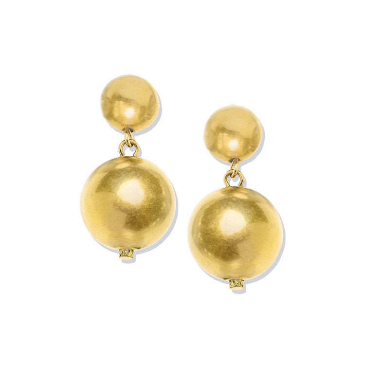 Gold plated ball dangle earrings featuring a small top sphere and a larger bottom sphere.