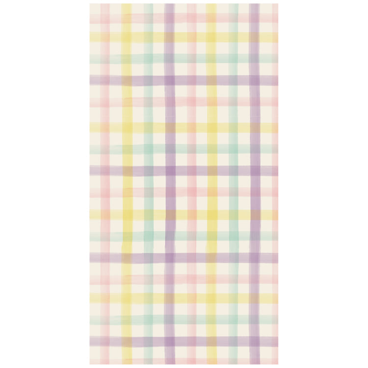 Guest napkin featuring a watercolor pastel plaid pattern in pink, yellow, purple, and teal.