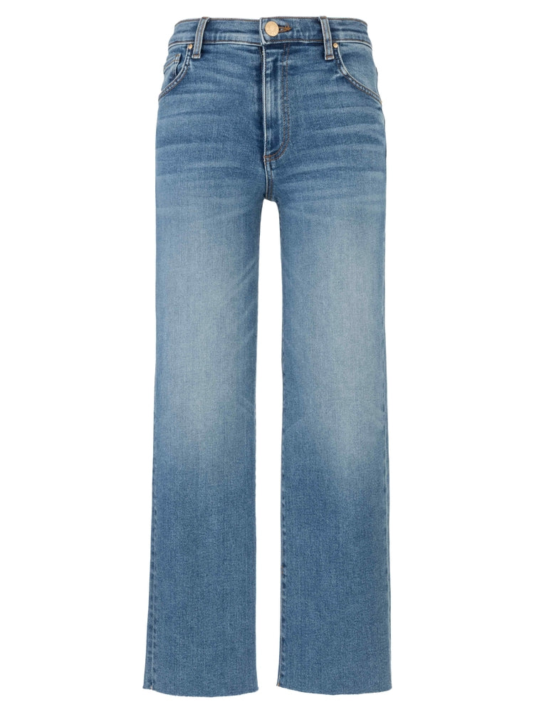 Avery high-rise straight-leg jeans in raw hem with a light wash denim fabric.