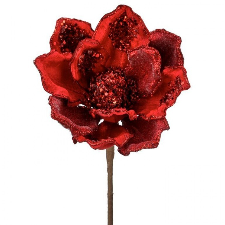 Red heavy jeweled magnolia stem with glitter and velvet-textured petals on a brown stem.