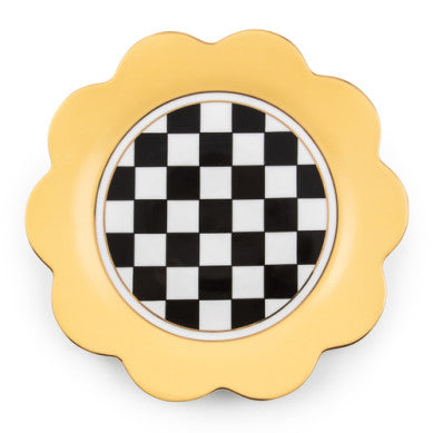 Buttercream Petal Dinner Plate with a yellow scalloped rim and a black and white checkered center.