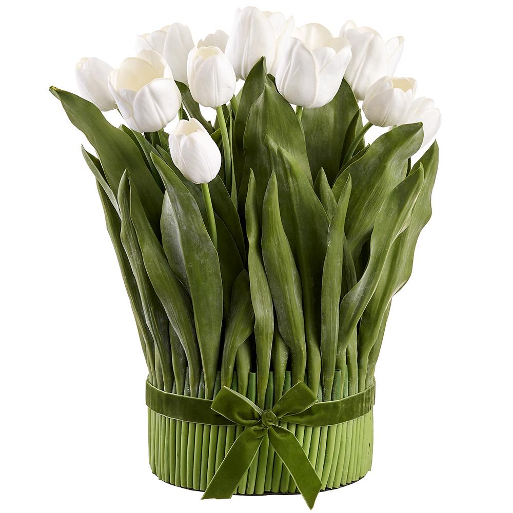 White tulip standing bouquet with a curved stem silhouette.