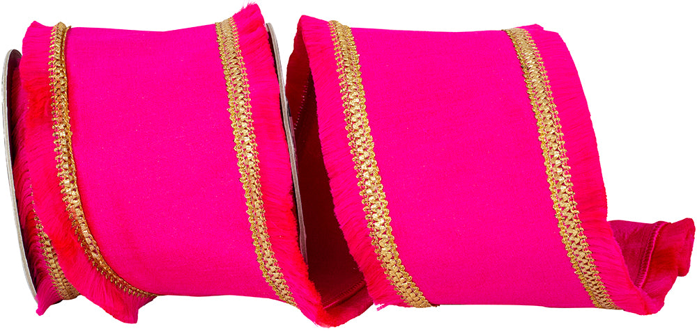 Hot pink fringe gilded trimming dupioni deluxe wired edge ribbon on a spool.