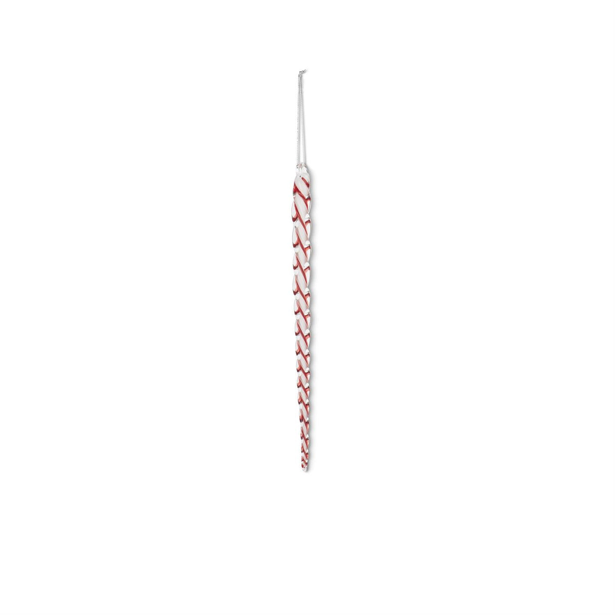 White and red spiral glass icicle ornament with a silver hanging string.