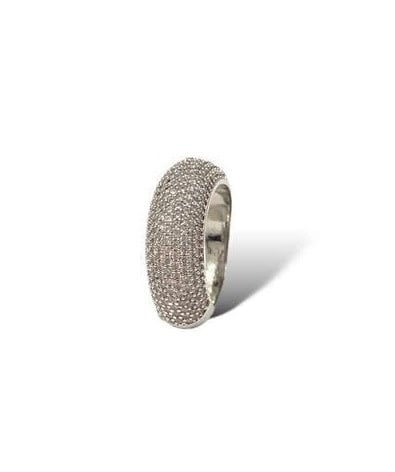 Silver pave ring with a sleek band featuring small clear stones set in a continuous pattern.