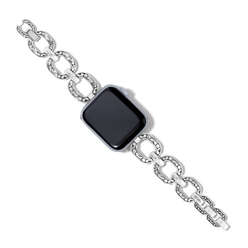 Silver Contempo Linx watch band with scrollwork links on a smart watch.