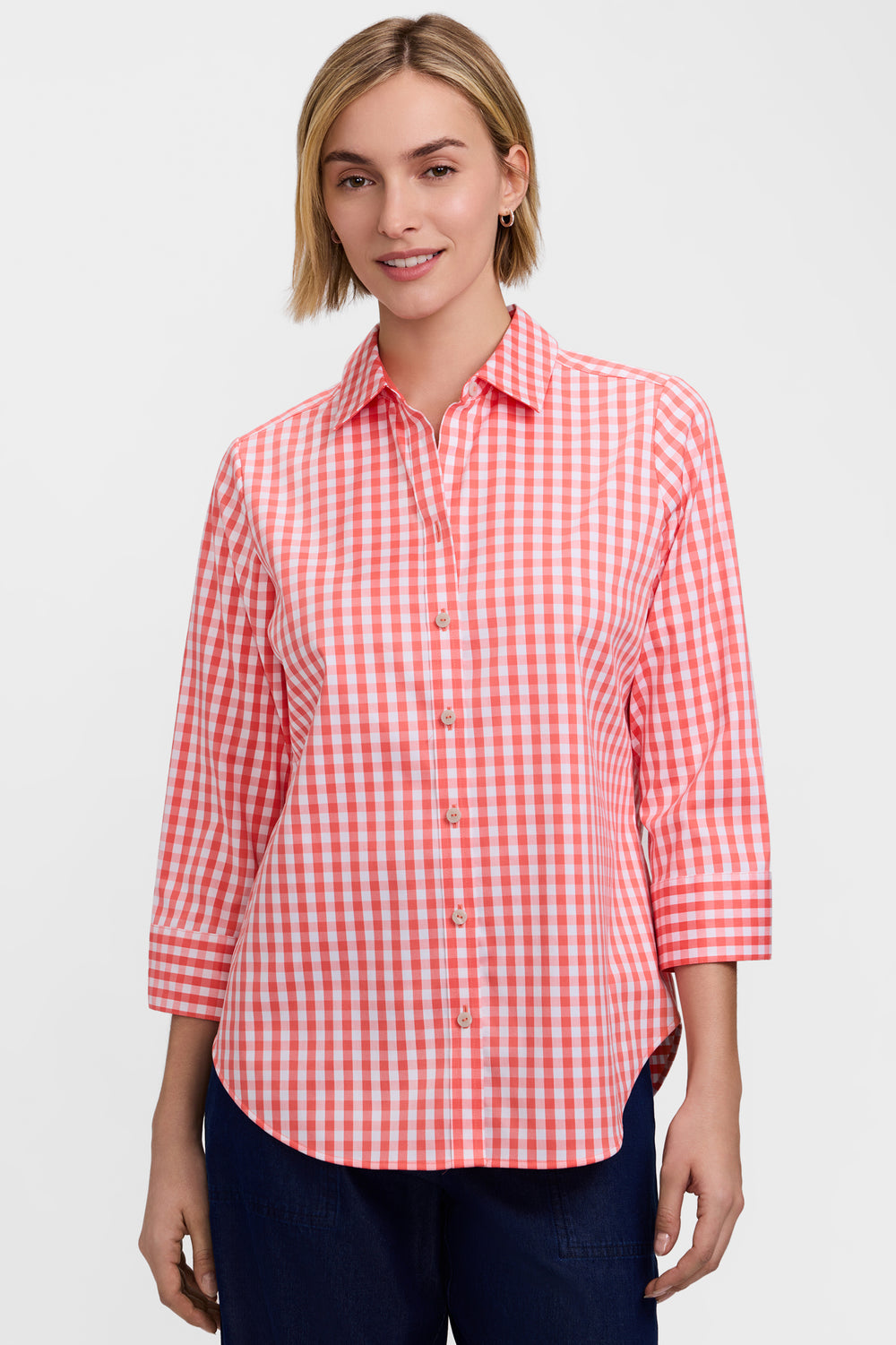 Regular fit Margie gingham stretch matte sateen shirt with point collar, three-quarter sleeves, and rounded hem.