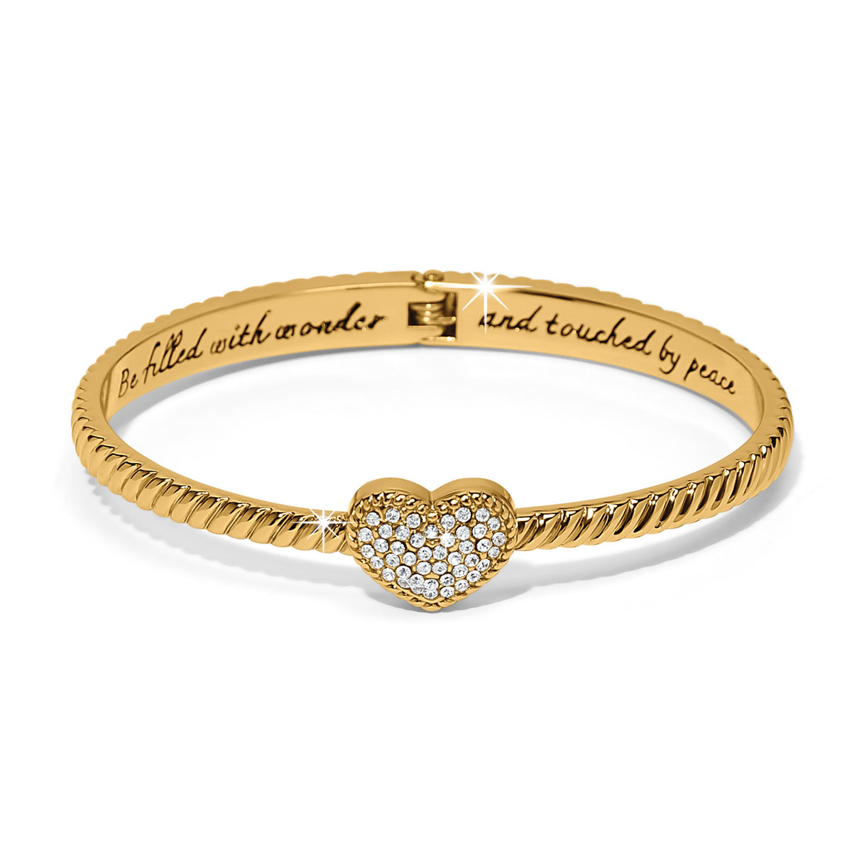 Gold-plated Celestia Heart Hinged Bangle with crystal-pave heart and engraved message inside.