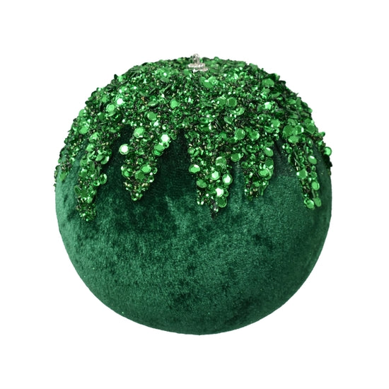 Five-inch velvet ball ornament with dripping sequin design in gold