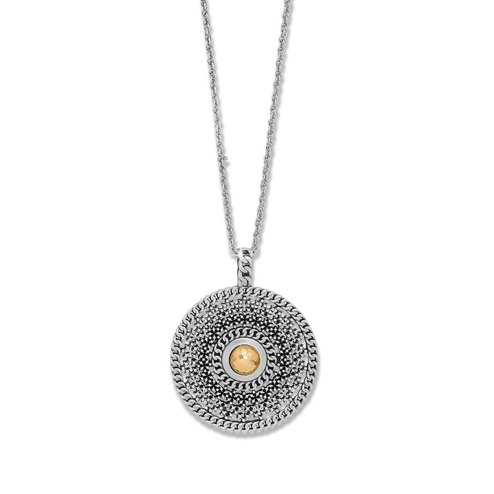 Silver-gold two-tone Ferrara Segreta medallion necklace with lobster claw closure and adjustable chain.