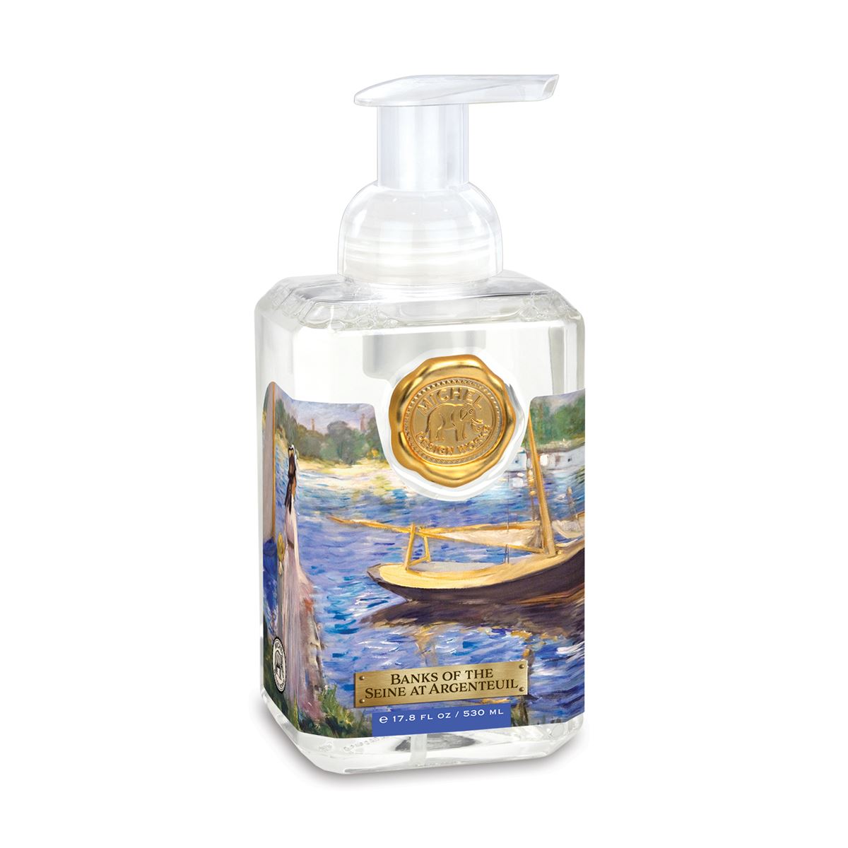 Foaming hand soap dispenser bottle with a pump top.