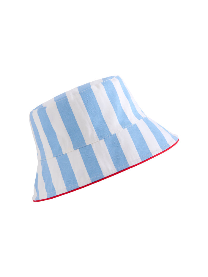 Shelly Reversible Bucket Hat showing blue and white vertical stripes with a red trim.