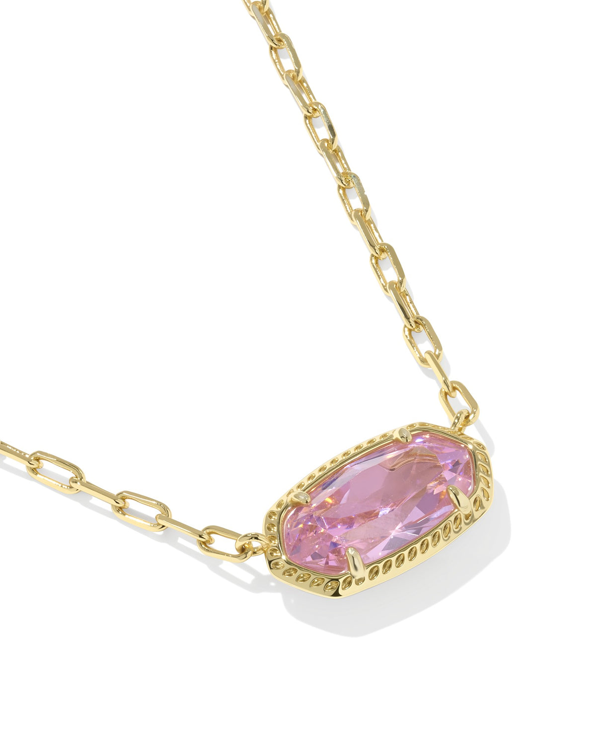 Elisa Luxe Short Pendant Necklace with a pink stone on a gold-tone paperclip chain.