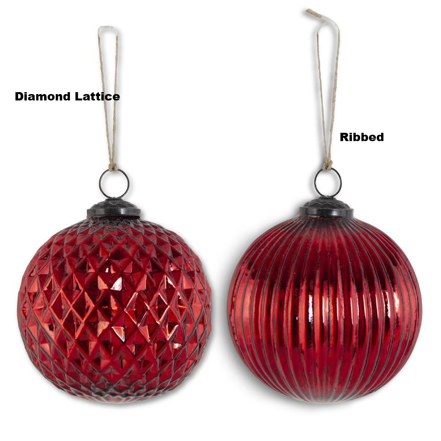 Two 5-inch red mercury glass ornaments in diamond lattice and ribbed patterns with hanging loops.