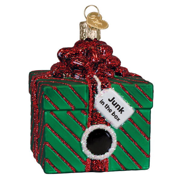 Junk In The Box ornament featuring a distressed metal box with visible rust patterns.
