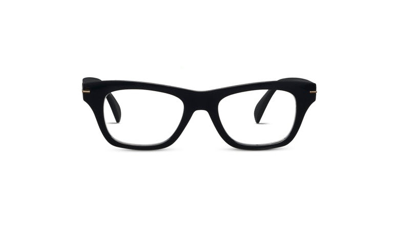 Lucky Stars black cat-eye glasses with clear blue light lenses and gold temple accents.