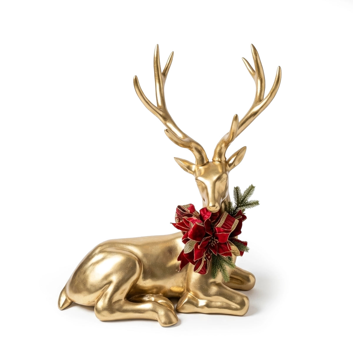 38.5-inch gold sitting deer figurine with large red velvet bow and pine accents.