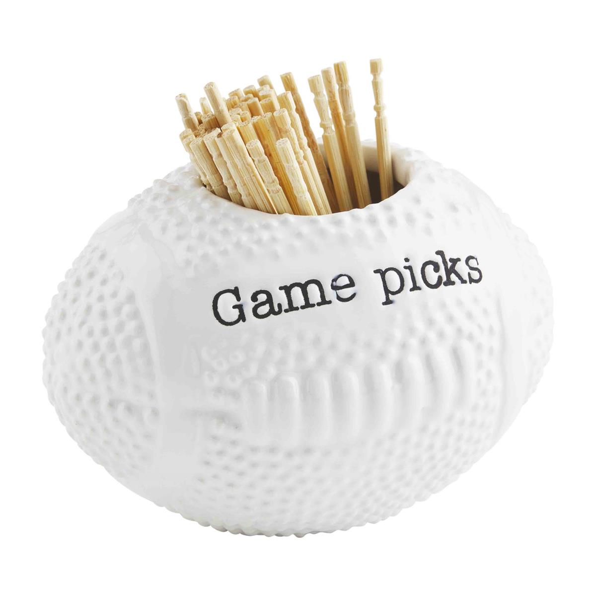 Figural dolomite ceramic toothpick holder with a pack of wooden picks.