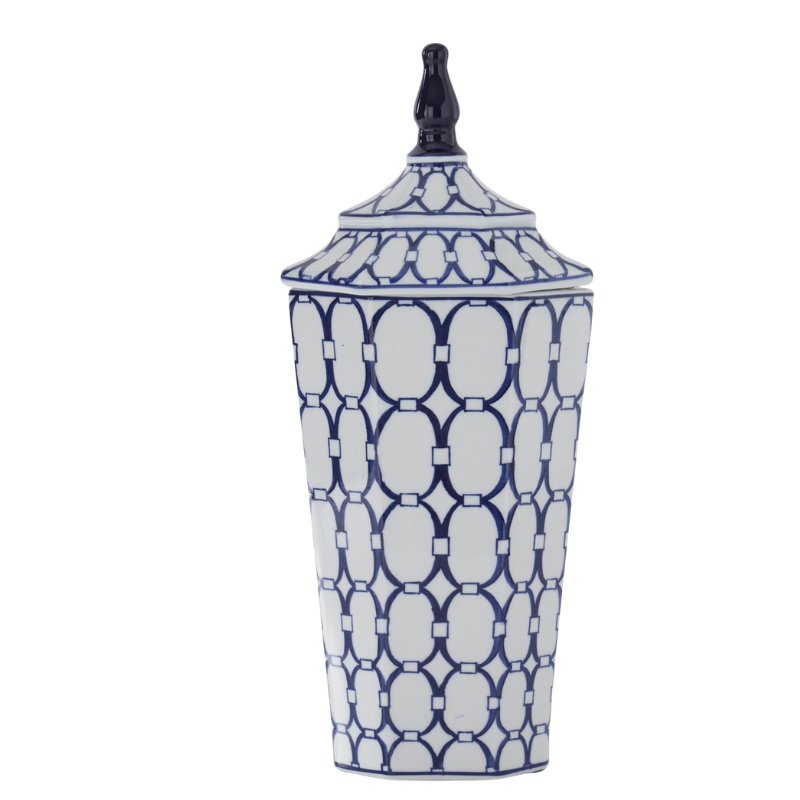 Blue and white porcelain lidded container with an ornate oval print and a tapered base.