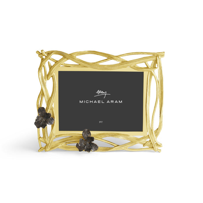 Goldtone oxidized rectangular photo frame with black iris floral accent holding a placeholder.