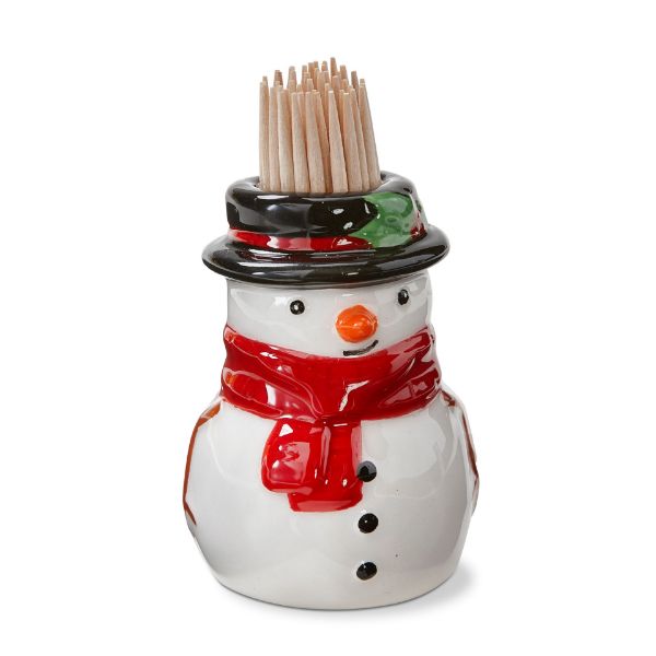 Earthenware snowman toothpick holder with a white ceramic finish.