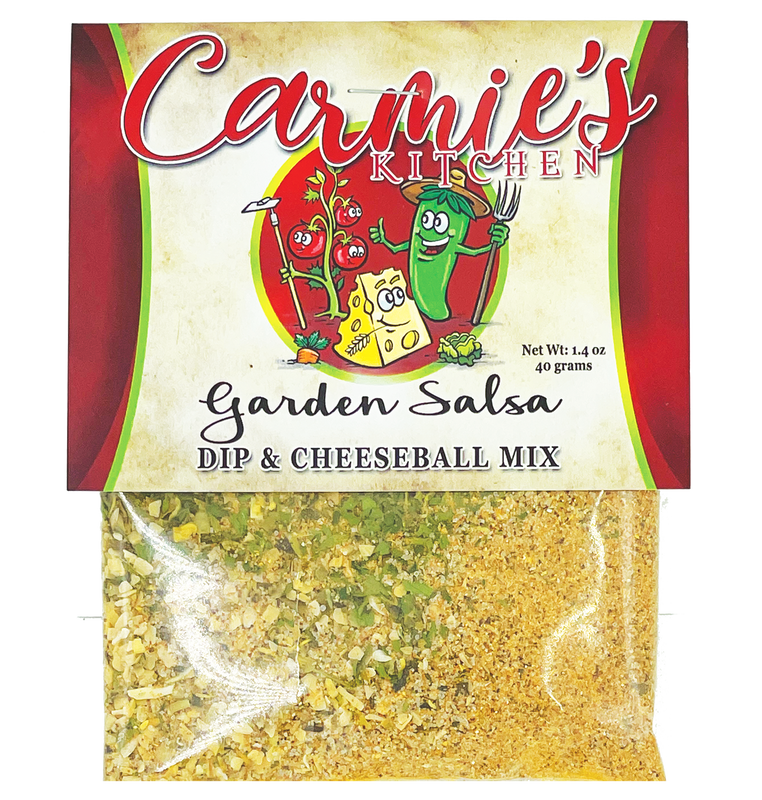 Front view of a Garden Salsa Dip Mix packet showing red salsa contents through clear packaging.