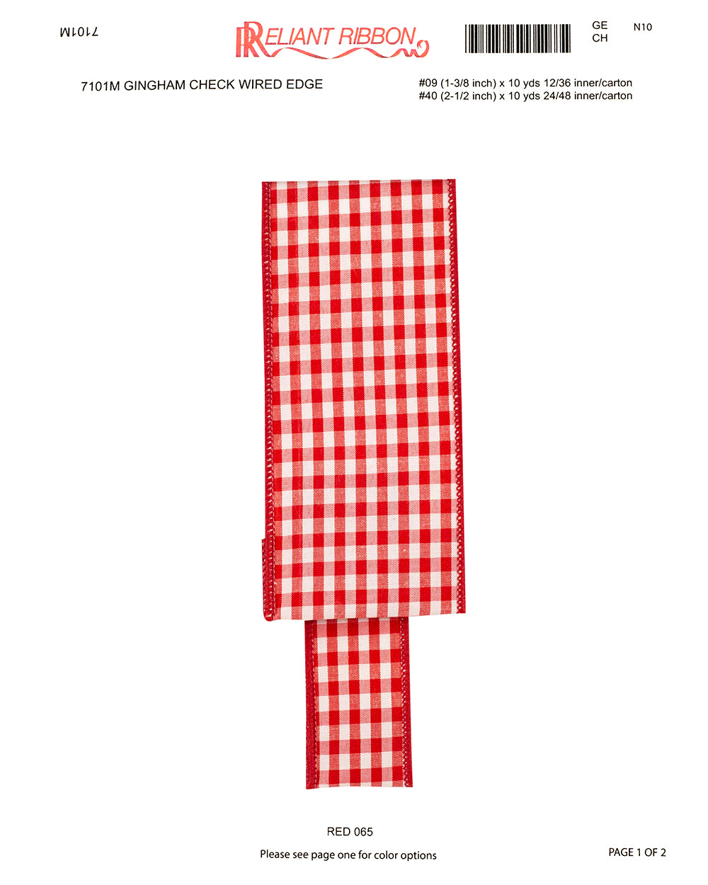 Red gingham check wired edge ribbon with a 2-1/2 inch width.