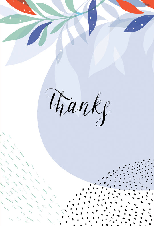 A thank you card with "Thanks" written in calligraphy on a light blue background with floral accents and abstract patterns.