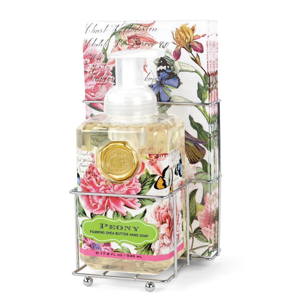 Foaming soap dispenser with built-in napkin holder in white finish