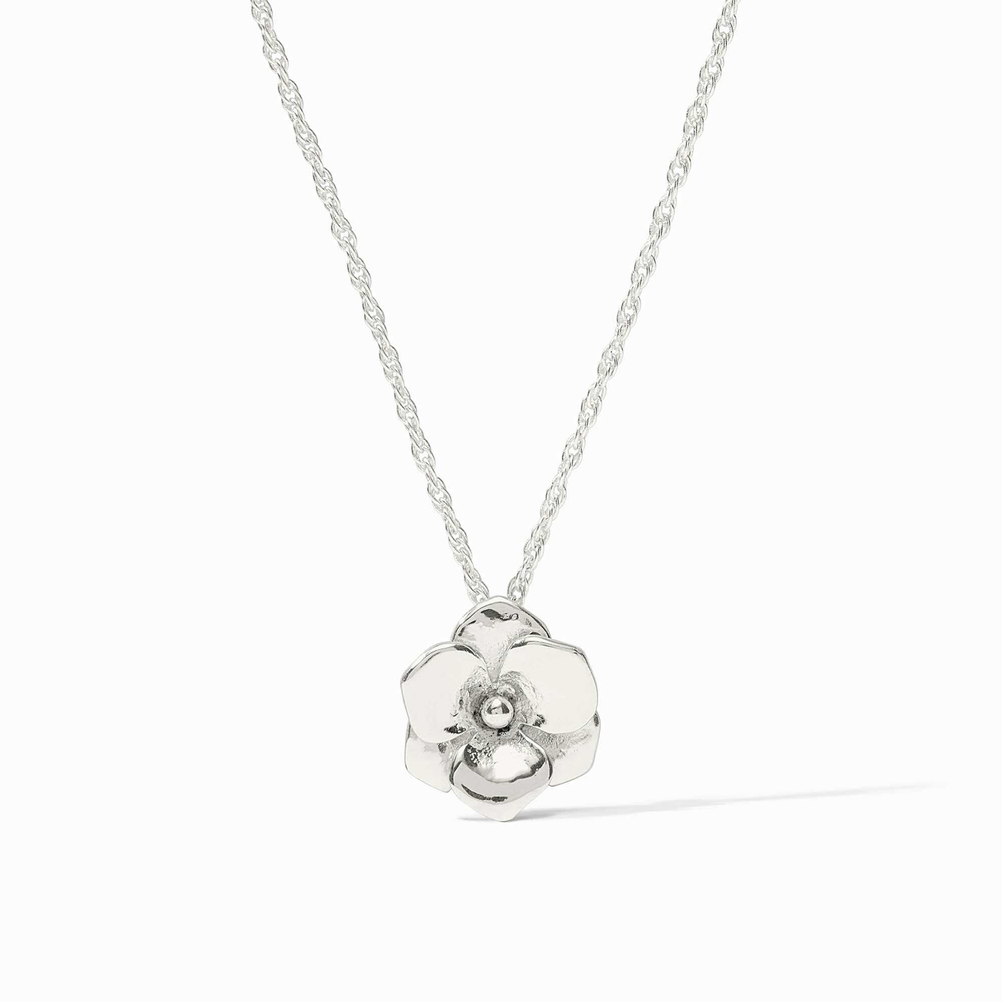 Adjustable silver plate necklace with a delicate pendant measuring 0.6 inches.