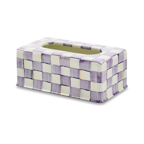 Violet checkered tissue box cover with a rectangular silhouette.