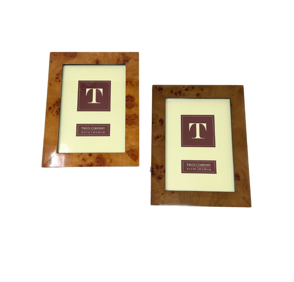 Two glossy burled wood 5x7 photo frames with a high-gloss finish and natural grain variations.