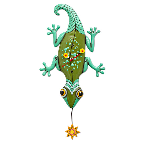 Whimsical green and teal lizard wall clock with a sun-shaped pendulum.