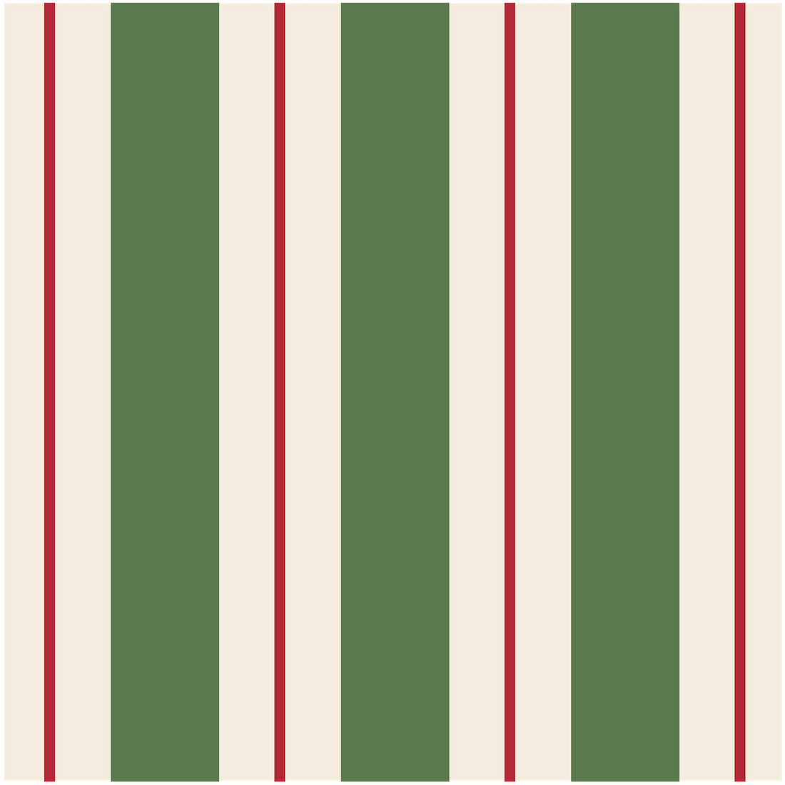 Green and red striped cocktail napkin folded square with a bold awning stripe pattern.