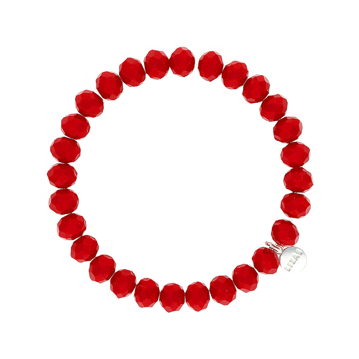 Stretchy beaded bracelet with faceted glass beads in a colorful pattern.