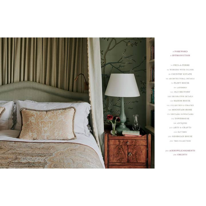 Interior design book page showing a bedroom with a green headboard and a table of contents.
