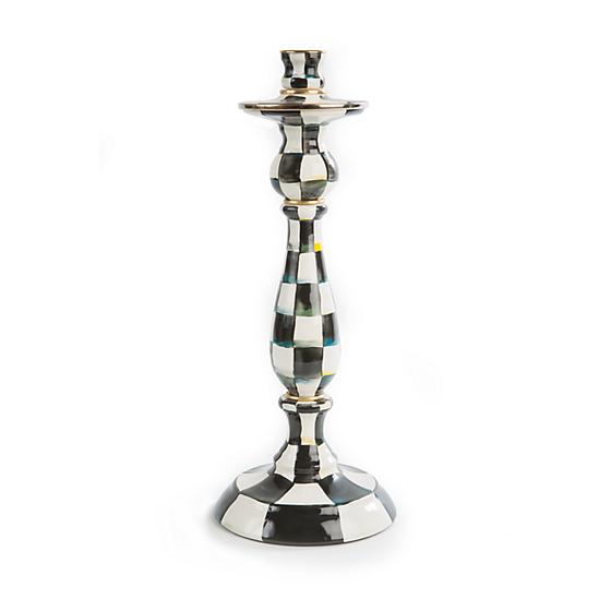 Large Courtly Check enamel candlestick with hand-painted black and white checks and brass accents.