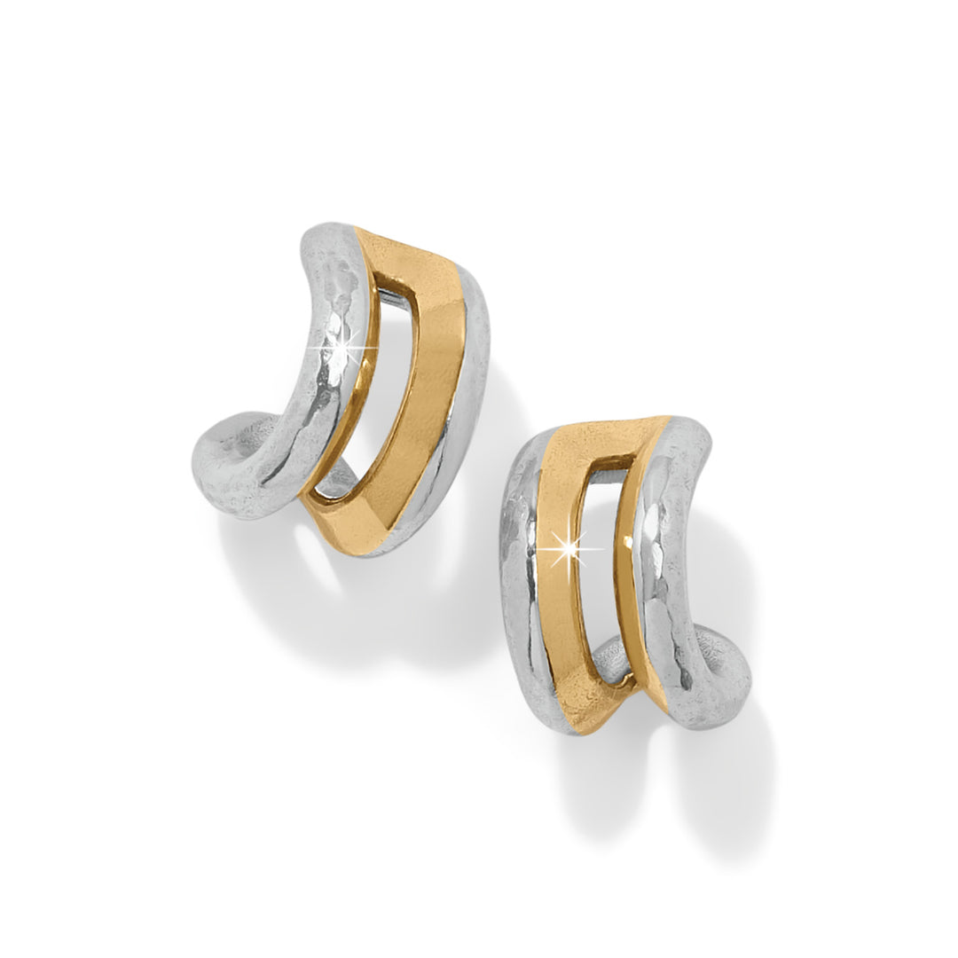 Medici two-tone silver and gold hoop earrings with a hammered finish and post backs.