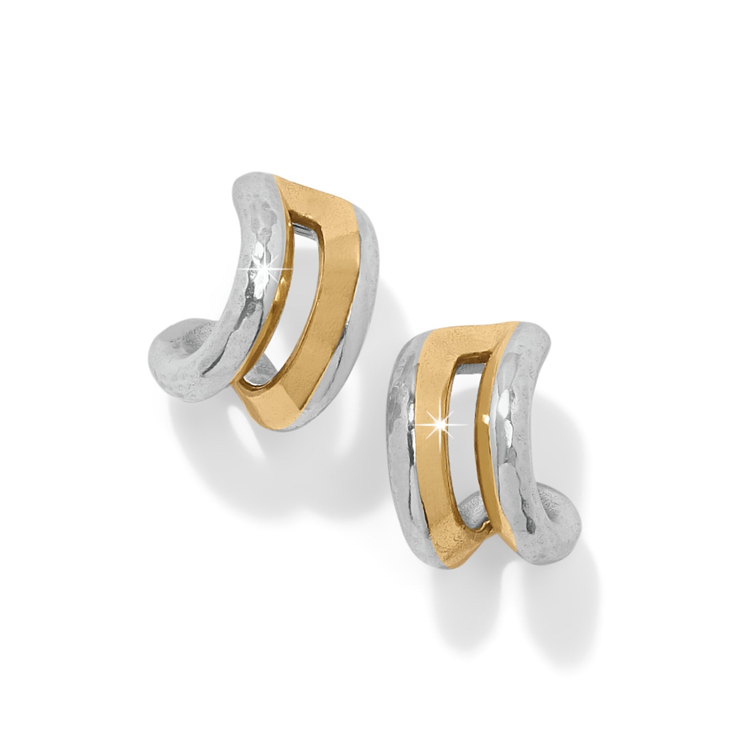 Medici two-tone silver and gold hoop earrings with a hammered finish and post backs.