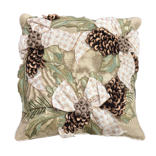 Mocha Holly Holiday Throw Pillow with 3D pinecones, checkered bows, and green holly leaf embroidery.