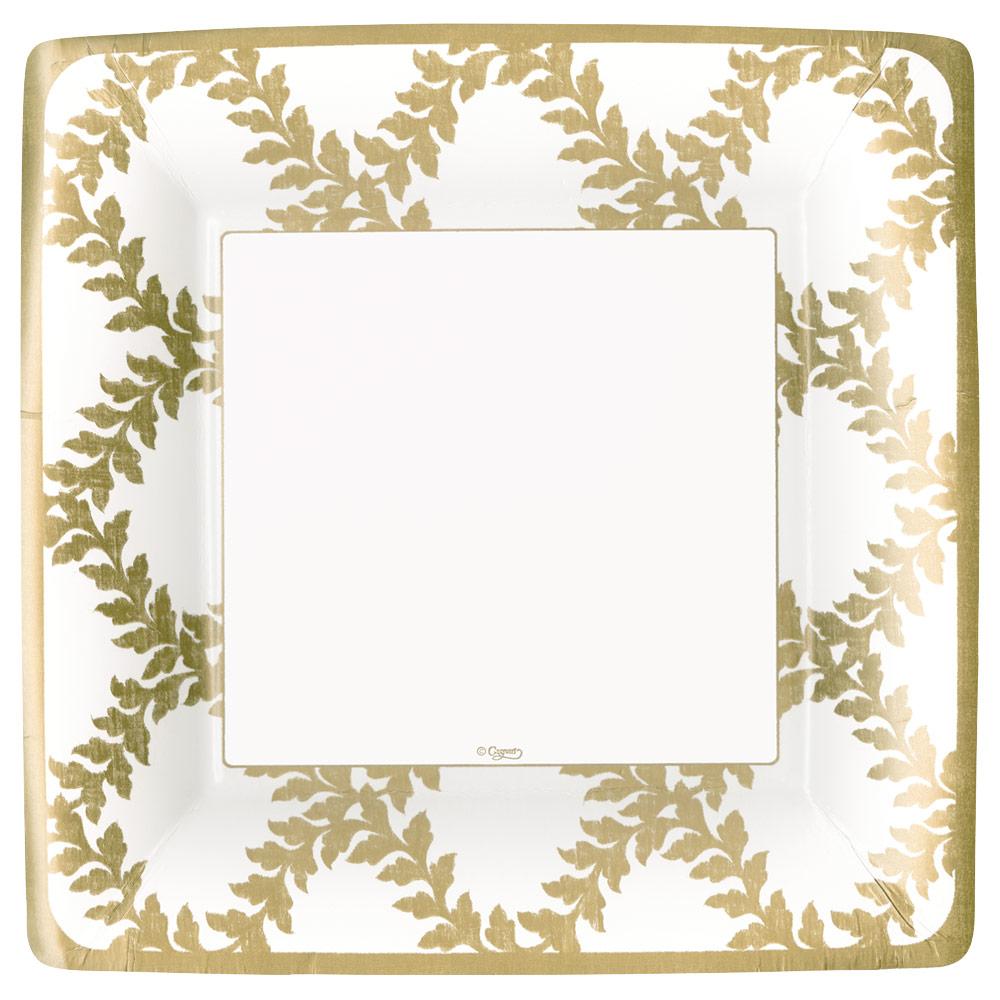 Square ivory paper plate with a gold acanthus trellis leaf pattern and a white center.