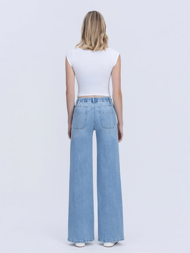 Front view of Maggie high-rise wide-leg jeans in dark wash denim with an elastic waistband and drawstring.