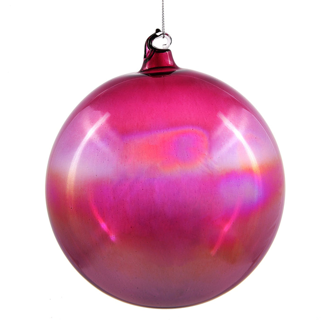 A 120mm spherical glass bottle ball ornament in vibrant pink with an iridescent finish.