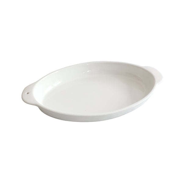 Oval ceramic baker with blue pinstripe pattern on white background